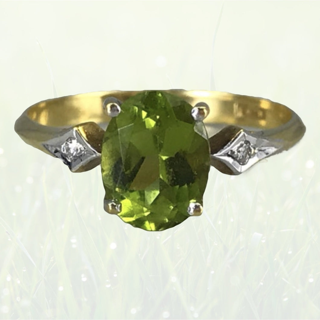 Oval Peridot with Cluster Side Diamonds Engagement Ring August Birthstone